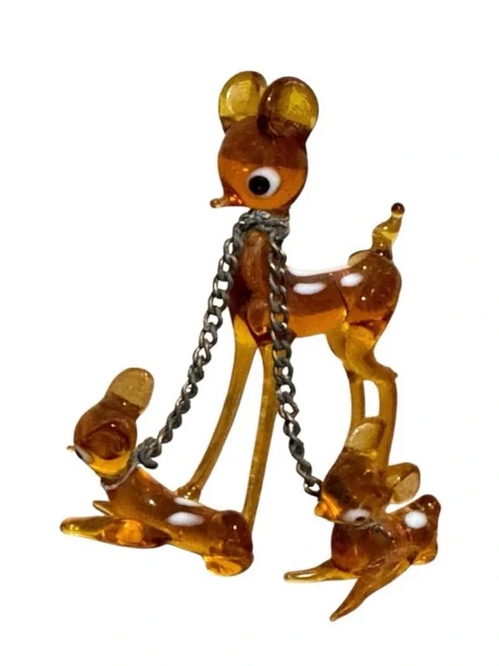 VTG Miniature Glass Bambi Deer Family Ornaments Amber Glass Mama Fawns 1970's - Picture 2 of 3